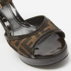 Fendi Brown Zucca Canvas Wedge Platform Ankle Strap Sandals Size 39.5