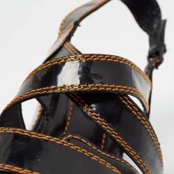 Pre Owned Fendi Black/Gold Patent Wedge Ankle Strap Sandals Size 40