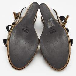 Pre Owned Fendi Black/Gold Patent Wedge Ankle Strap Sandals Size 40