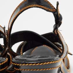 Pre Owned Fendi Black/Gold Patent Wedge Ankle Strap Sandals Size 40