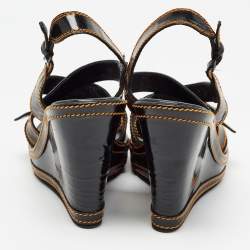 Pre Owned Fendi Black/Gold Patent Wedge Ankle Strap Sandals Size 40