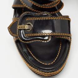 Pre Owned Fendi Black/Gold Patent Wedge Ankle Strap Sandals Size 40