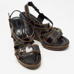 Pre Owned Fendi Black/Gold Patent Wedge Ankle Strap Sandals Size 40