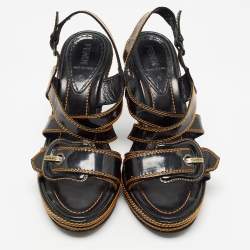 Pre Owned Fendi Black/Gold Patent Wedge Ankle Strap Sandals Size 40