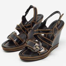 Pre Owned Fendi Black/Gold Patent Wedge Ankle Strap Sandals Size 40