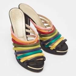 Fendi Multicolor Satin Strappy Platform Slide Sandals Size 40