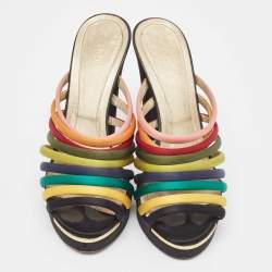 Fendi Multicolor Satin Strappy Platform Slide Sandals Size 40