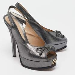 Fendi Metallic Glitter Fabric Bow Fendista Slingback Pumps Size 41