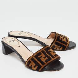 Pre Owned Fendi Brown/Black FF Velvet and Leather Slide Sandals Size 36.5
