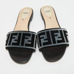 مملوكة مسبقًا Fendi Blue/Black Zucca Velvet Flat Slides Size 37.5
