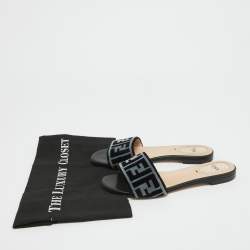 مملوكة مسبقًا Fendi Blue/Black Zucca Velvet Flat Slides Size 37.5