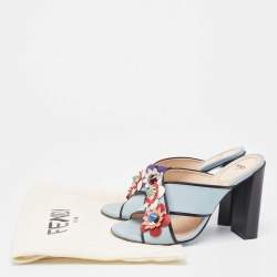Pre Owned Fendi Blue/Black Leather Flowerland Slide Sandals Size 37