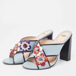Pre Owned Fendi Blue/Black Leather Flowerland Slide Sandals Size 37
