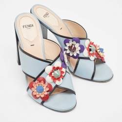 Pre Owned Fendi Blue/Black Leather Flowerland Slide Sandals Size 37