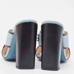 Pre Owned Fendi Blue/Black Leather Flowerland Slide Sandals Size 37