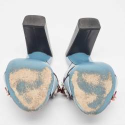 Pre Owned Fendi Blue/Black Leather Flowerland Slide Sandals Size 37