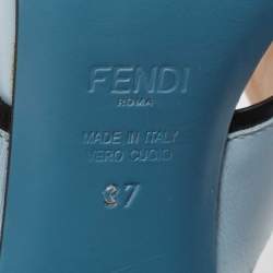 Pre Owned Fendi Blue/Black Leather Flowerland Slide Sandals Size 37