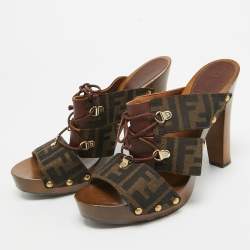 Fendi Brown Zucca Canvas and Leather Strappy Platform Sandals Size 39.5