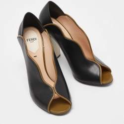 Pre Owned Fendi Black Leather Scallop Lined Peep Toe Sandals Size 36
