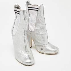 Fendi Silver Leather Marie Antoinette Ankle Boots Size 37