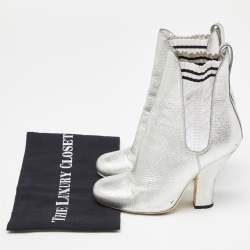 Fendi Silver Leather Marie Antoinette Ankle Boots Size 37