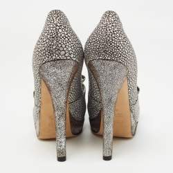 Fendi Silver/Grey Brocade Fabric and Suede Bow Open Toe Platform Pumps Size 40