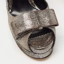 Fendi Silver/Grey Brocade Fabric and Suede Bow Open Toe Platform Pumps Size 40