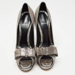 Fendi Silver/Grey Brocade Fabric and Suede Bow Open Toe Platform Pumps Size 40
