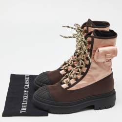 Pre Owned Fendi Pink/Brown Satin and Nylon Combat Boots Size 40