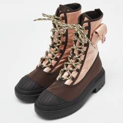 Pre Owned Fendi Pink/Brown Satin and Nylon Combat Boots Size 40