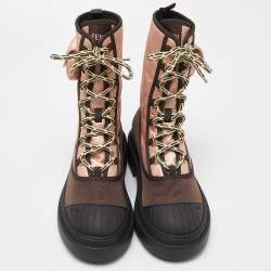 Pre Owned Fendi Pink/Brown Satin and Nylon Combat Boots Size 40