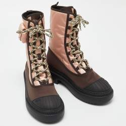 Pre Owned Fendi Pink/Brown Satin and Nylon Combat Boots Size 40