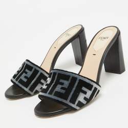 Pre Owned Fendi Black/Blue Zucca Velvet and Leather Slide Sandals Size 36
