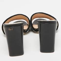 Pre Owned Fendi Black/Blue Zucca Velvet and Leather Slide Sandals Size 36