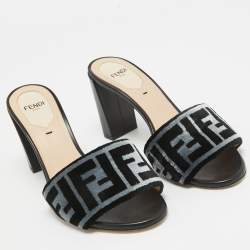 Pre Owned Fendi Black/Blue Zucca Velvet and Leather Slide Sandals Size 36