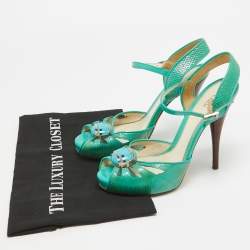 Fendi Turquoise Snake Embossed Slingback Platform Sandals Size 37