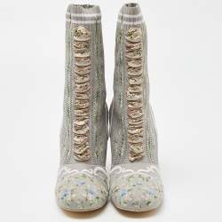 Pre Owned Fendi Grey Floral Embroidered Knit Fabric Sock Ankle Boots Size 39