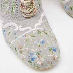 Pre Owned Fendi Grey Floral Embroidered Knit Fabric Sock Ankle Boots Size 39