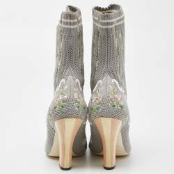 Pre Owned Fendi Grey Floral Embroidered Knit Fabric Sock Ankle Boots Size 39