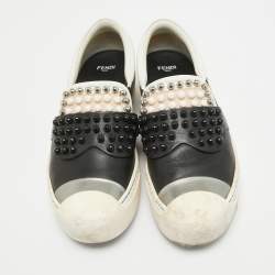 Fendi Black/White Leather Studded Karl Lover Slip On Sneakers Size 37