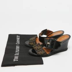 Pre Owned Fendi Brown/Black Zucca Canvas and Patent Leather Wedge Sandals Size 35