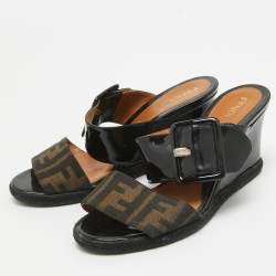 Pre Owned Fendi Brown/Black Zucca Canvas and Patent Leather Wedge Sandals Size 35