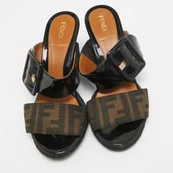 Pre Owned Fendi Brown/Black Zucca Canvas and Patent Leather Wedge Sandals Size 35
