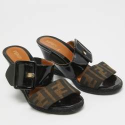 Pre Owned Fendi Brown/Black Zucca Canvas and Patent Leather Wedge Sandals Size 35