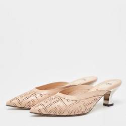 Pre Owned Fendi Beige Leather Perforated FF Mules Size 36