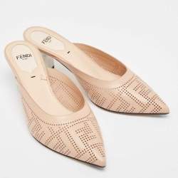 Pre Owned Fendi Beige Leather Perforated FF Mules Size 36