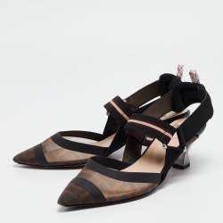Pre Owned Fendi Brown/Black Zucca Mesh and Leather Colibri Pumps Size 37
