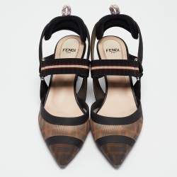 Pre Owned Fendi Brown/Black Zucca Mesh and Leather Colibri Pumps Size 37