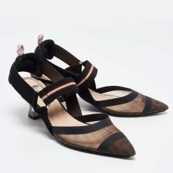 Pre Owned Fendi Brown/Black Zucca Mesh and Leather Colibri Pumps Size 37