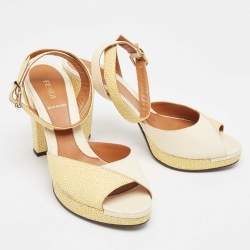 Pre Owned Fendi Cream/Yellow Stingray Embossed Leather Ankle Strap Platform Sandals Size 39
